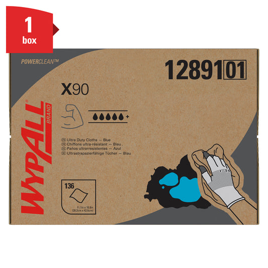 Eine WypAll® X90 PowerClean BRAG™ Box der Kimberly-Clark GmbH enthält 136 blaue, extrem strapazierfähige Tücher mit Wischgrafiken, Produktinformationen und einem roten "1 Box"-Etikett in der oberen linken Ecke der Kartonverpackung.