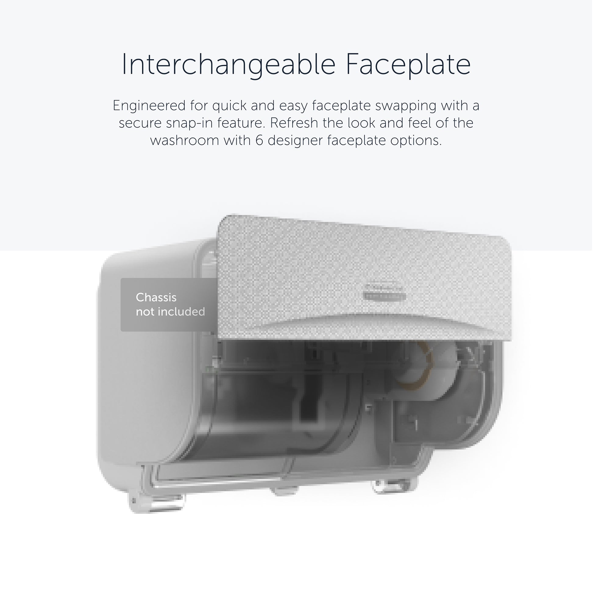 Die Kimberly-Clark Professional™ Icon™ Dispenser Faceplate - SRBH (32,39 x 10,80 x 3,18 cm) von Kimberly-Clark GmbH ist gemustert, austauschbar und teilweise geöffnet dargestellt, um die Faceplate auszutauschen; Gehäuse nicht enthalten.