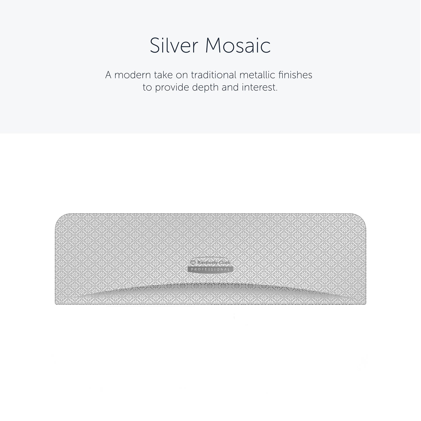 The rectangular "Silver Mosaic" pattern shows a light silver geometric pattern inspired by the Kimberly-Clark Professional™ Icon™ Dispenser Faceplate - SRBH (32.39 x 10.80 x 3.18 cm) from Kimberly-Clark GmbH, on a solid white background with text above it.