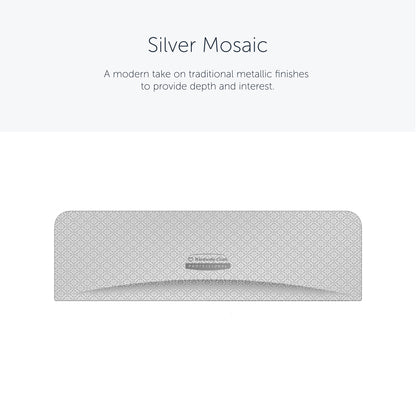 The rectangular "Silver Mosaic" pattern shows a light silver geometric pattern inspired by the Kimberly-Clark Professional™ Icon™ Dispenser Faceplate - SRBH (32.39 x 10.80 x 3.18 cm) from Kimberly-Clark GmbH, on a solid white background with text above it.