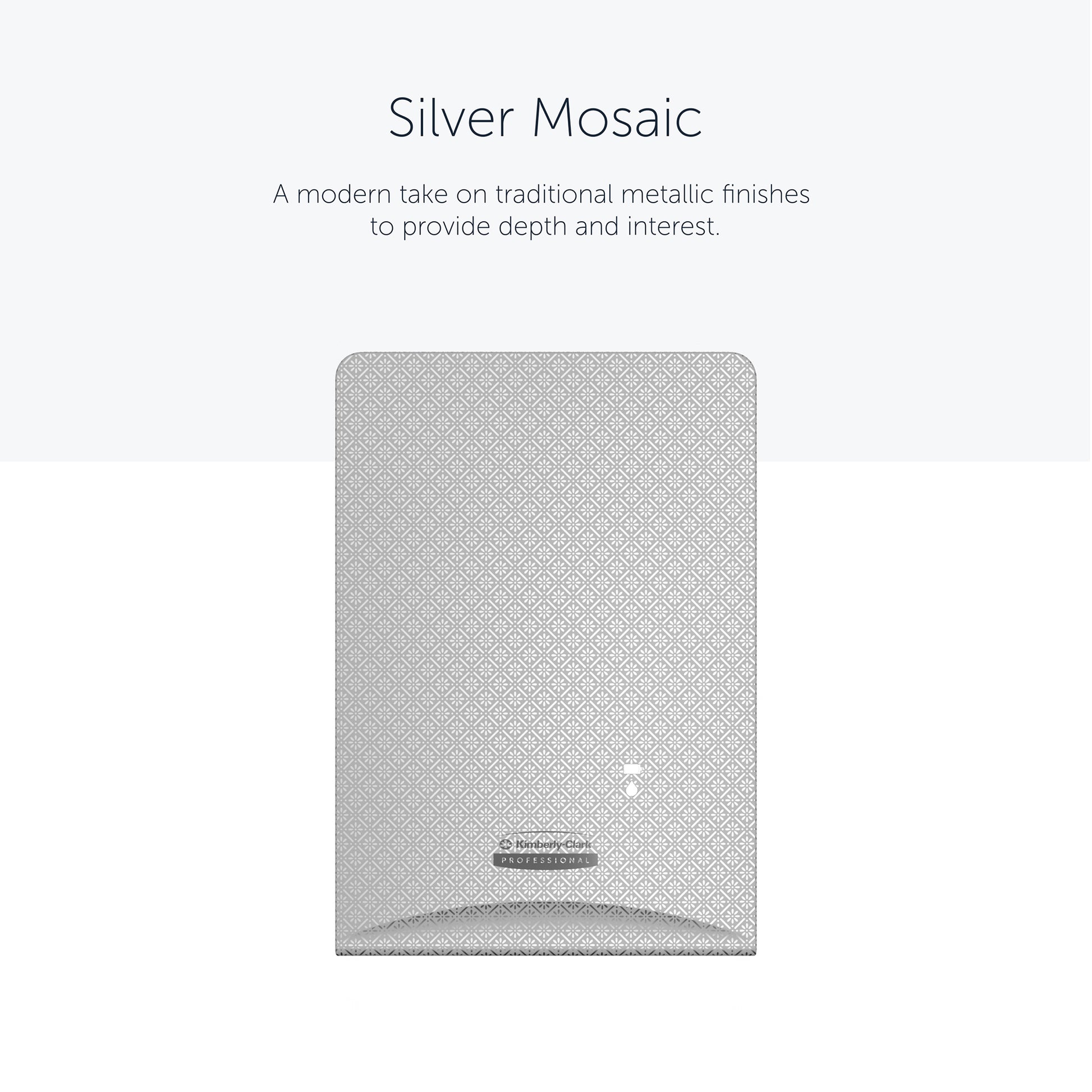 Die rechteckige Platte Kimberly-Clark Professional™ Icon™ Dispenser Faceplate - eSkinCare (20,32 x 27,30 x 3,81 cm) der Kimberly-Clark GmbH zeichnet sich durch ein modernes Metallic-Design aus und eignet sich ideal zur Aufwertung von Waschraumzubehör oder Spenderabdeckungen.