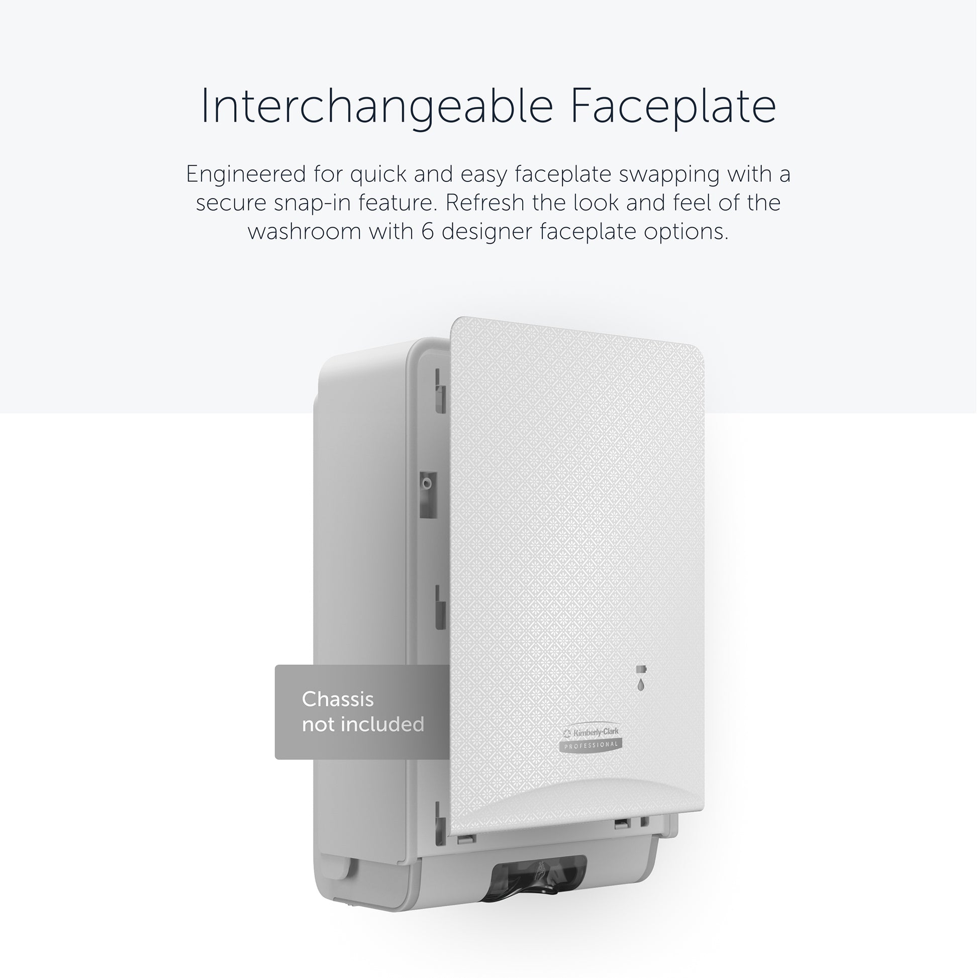 Ein Kimberly-Clark Professional™ Icon™ Dispenser Faceplate - eSkinCare (20,32 x 27,30 x 3,81 cm) der Kimberly-Clark GmbH ist teilweise geöffnet mit einer Einrastfunktion abgebildet; Gehäuse nicht enthalten; wählen Sie aus sechs Designer Faceplate-Optionen.