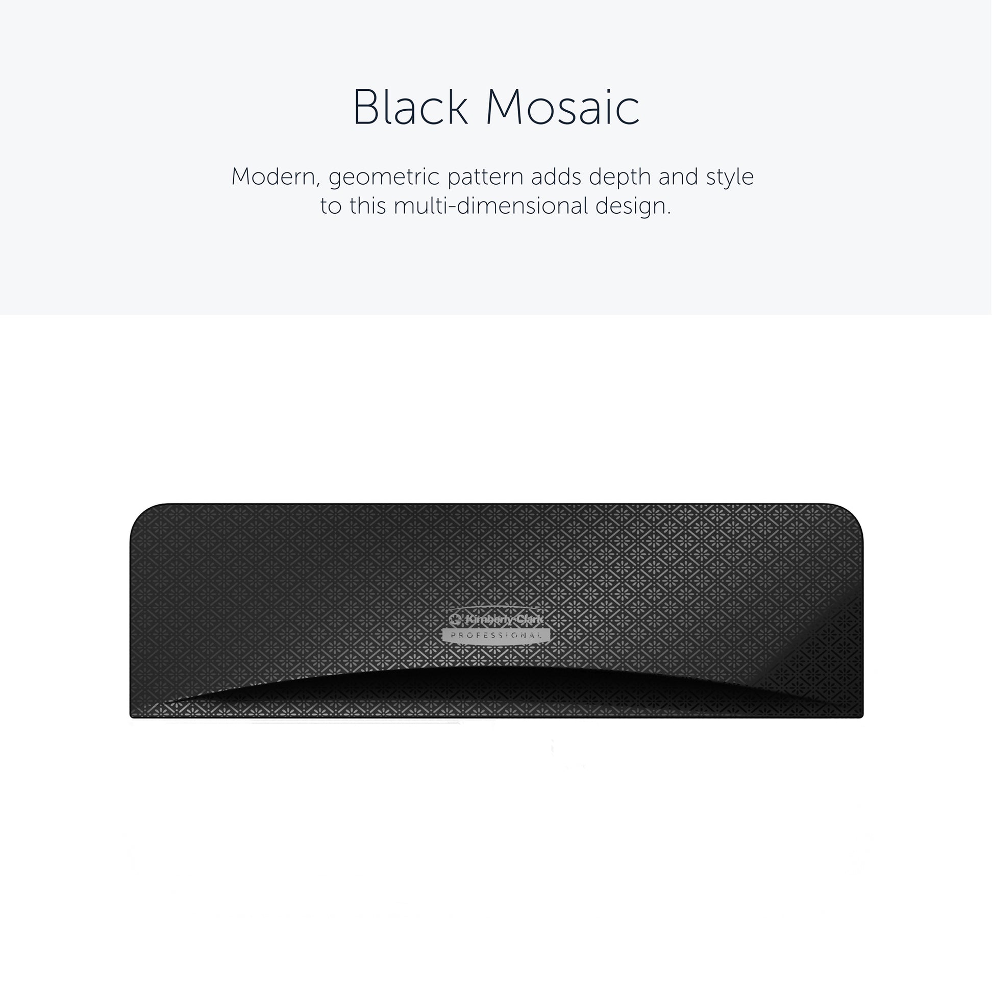 Eine rechteckige schwarze Kimberly-Clark Professional™ Icon™ Dispenser Faceplate - SRBH (32,39 cm x 10,80 cm x 3,18 cm) mit geometrischem Mosaikdesign ist mittig auf weißem Grund angeordnet; "Black Mosaic" erscheint darüber und hebt den langlebigen Stil der Kimberly-Clark GmbH hervor.