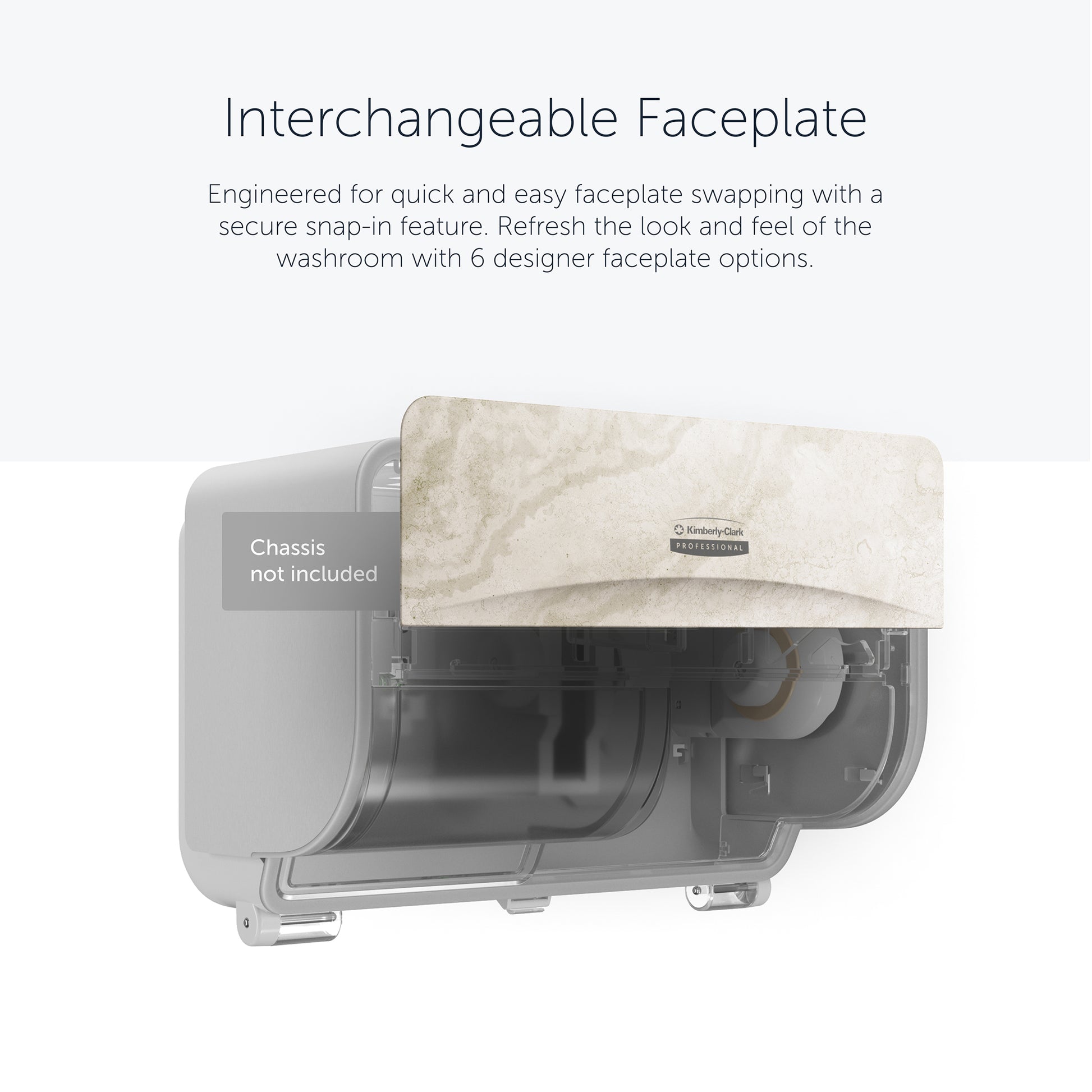 Ein an der Wand montierter Kimberly-Clark GmbH Professional™ Icon™ Spender verfügt über eine haltbare, austauschbare SRBH-Frontplatte (32,39 x 10,80 x 3,18 cm) mit einem transparenten Bereich, der die internen Komponenten und anpassbare Designoptionen zeigt.