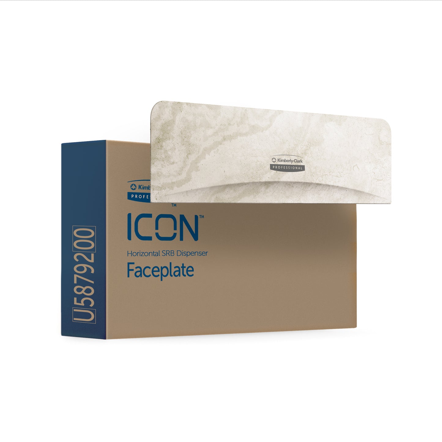 A rectangular box labeled "Kimberly-Clark Professional™ Icon™ Dispenser Faceplate - SRBH, 32.39x10.80x3.18 cm" from Kimberly-Clark GmbH has a marbled front and the designation U5879200, designed for Icon Dispenser systems.