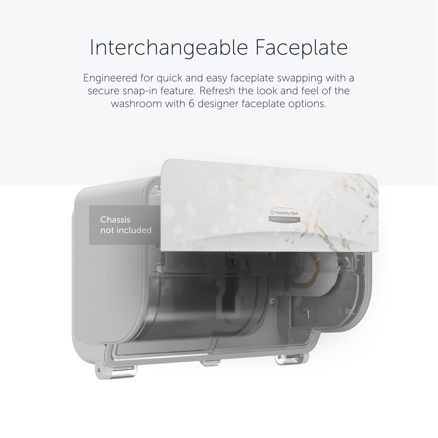 A Kimberly-Clark GmbH Icon™ Dispenser Faceplate-SRBH in a marble pattern is partially shown as transparent, highlighting the durable, interchangeable snap-in design (32.39x10.80x3.18 cm). Chassis not included.