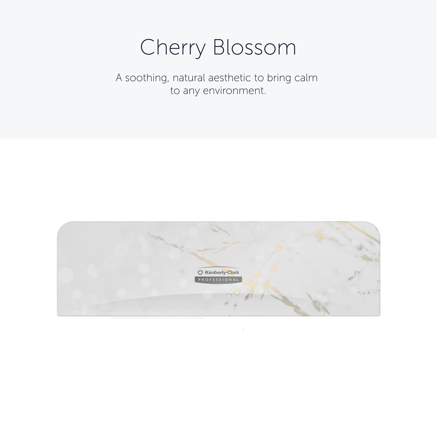 The Kimberly-Clark Professional™ Icon™ Dispenser Faceplate - SRBH (32.39 cm x 10.80 cm x 3.18 cm) from Kimberly-Clark GmbH features a white and light gray marble pattern, a central Icon™ label, and "Cherry Blossom" accents for a soothing look.
