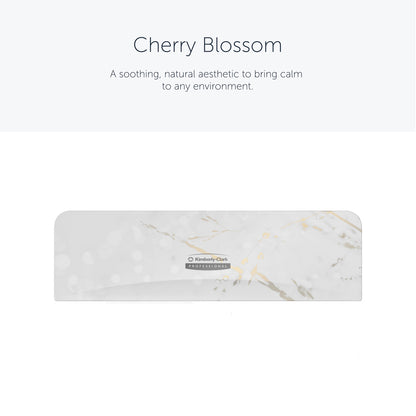 The Kimberly-Clark Professional™ Icon™ Dispenser Faceplate - SRBH (32.39 cm x 10.80 cm x 3.18 cm) from Kimberly-Clark GmbH features a white and light gray marble pattern, a central Icon™ label, and "Cherry Blossom" accents for a soothing look.