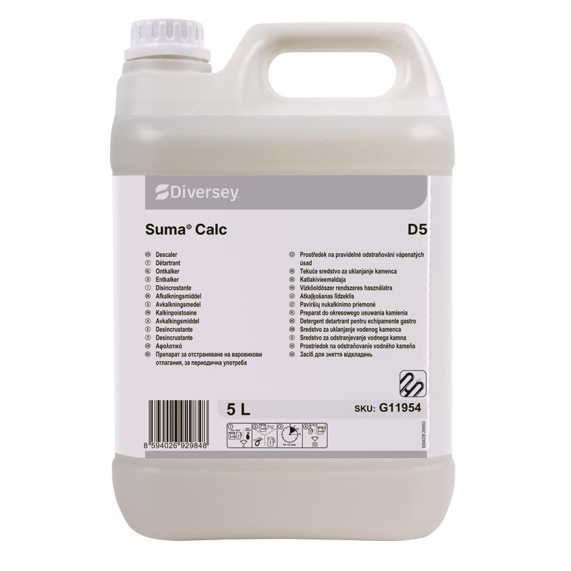 A white 5-liter plastic container with Suma Calc D5 from Diversey Deutschland GmbH & Co. OHG, with a handle and a label with product details, instructions, and barcode for professional use.