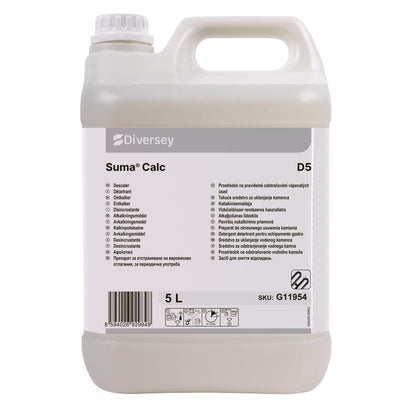 A white 5-liter plastic container with Suma Calc D5 from Diversey Deutschland GmbH & Co. OHG, with a handle and a label with product details, instructions, and barcode for professional use.