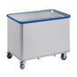 A Novocal spring base trolley made of anodized aluminum with all-around blue bumper protection and four swivel casters stands on a white background - ideal for transporting loads.