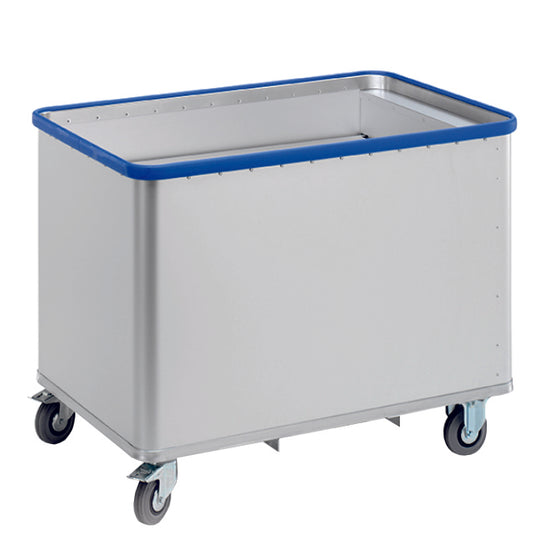 Der Novocal Federbodenwagen - ohne Einsatz | Packung (1 Stück) von Novocal ist ein großer grauer Gerätewagen mit vier Lenkrollen und blauem Schutzrand, ideal für effiziente Lagerlogistik und Warentransport im industriellen Umfeld.