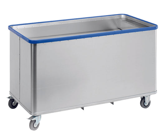 Der Novocal Federbodenwagen - mit Deckeldämpfung (Packung 1 Stück) von Novocal ist ein großer, robuster Metallwagen mit blauem Rand und vier Lenkrollen, ideal für den industriellen Einsatz. Abgebildet auf einfarbig weißem Hintergrund.