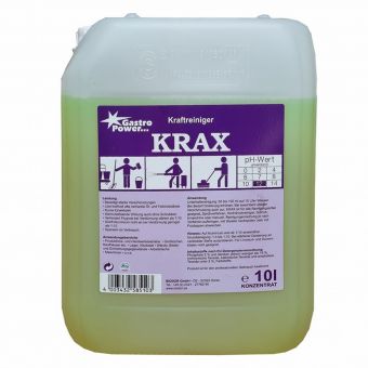 Ein durchsichtiger 10-Liter-Behälter mit der Aufschrift "GastroPower Krax" der Abena Re-Seller GmbH, mit einem lila Etikett mit Hinweisen und Sicherheitssymbolen. Die gelb-grüne Flüssigkeit ist ideal als Fettentferner und Reinigungsmittel für professionelle Küchen.