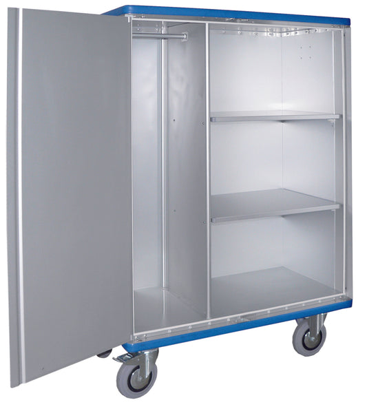 Der Novocal Schrankwagen aus eloxiertem Aluminium bietet mit 2 um 270° schwenkbaren Flügeltüren, Hängestange links und zwei verstellbaren Regalböden rechts flexible Aufbewahrung für Materialien. Packung: 1 Stück.