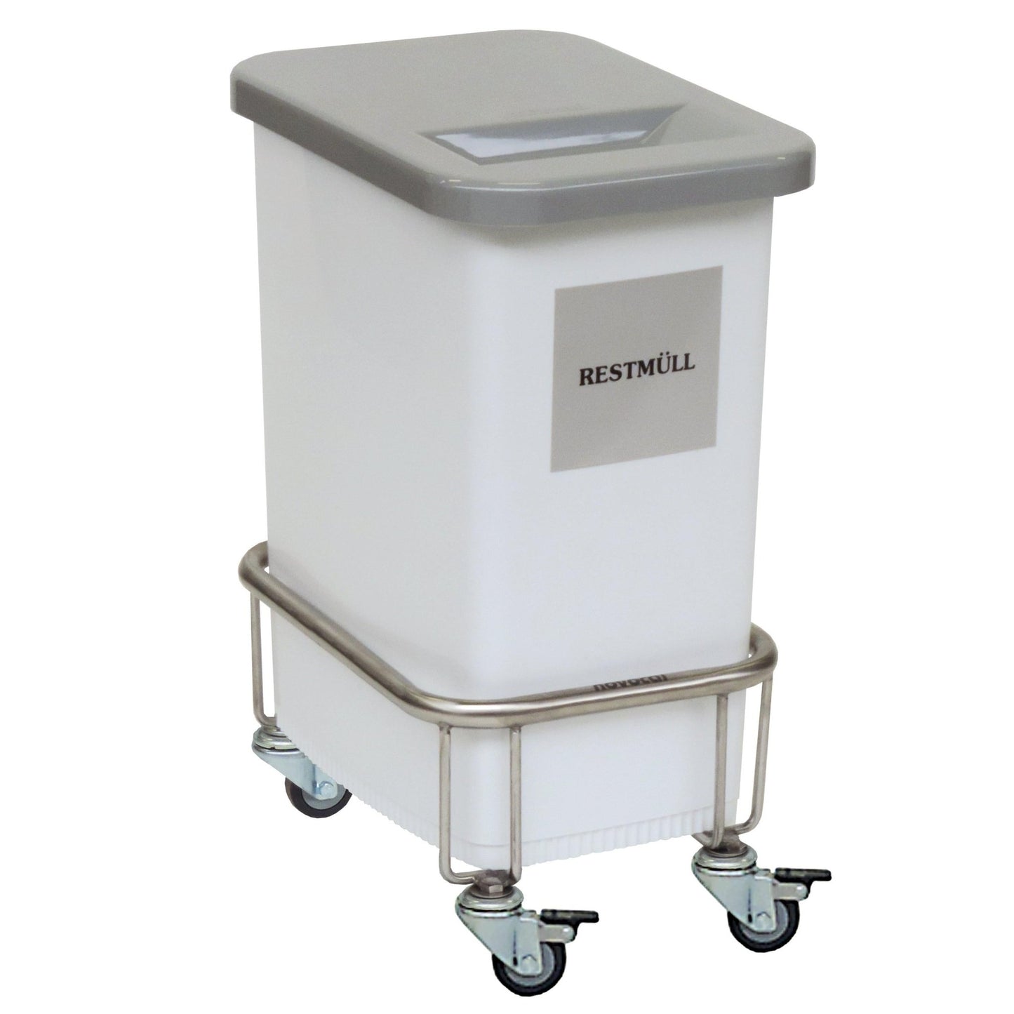 The Novocal recycling collector consists of a stainless steel chassis with four wheels and a single white plastic container labeled "Residual Waste" in German.