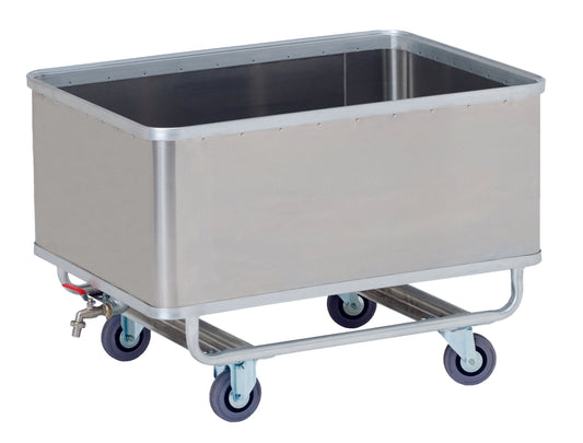 Der Novocal Transportcontainer ist ein rechteckiger Aluminium, wasserdichter Wagen mit vier blauen Lenkrollen und einem Ablassventil, ideal für die industrielle oder kommerzielle sichere Handhabung von Flüssigkeiten. Packung: 1 Stück. Marke: Novocal.
