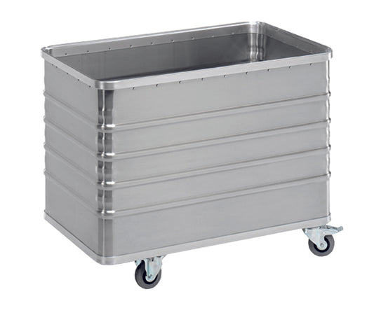 Der Novocal Transportcontainer ist ein rechteckiger Aluminiumwagen mit 322 l Volumen, gerippten Seiten, offener Oberseite und 2 Bock- und 2 Lenkrollen (Ø100 mm), ideal für den industriellen oder gewerblichen Einsatz. Marke: Novocal.