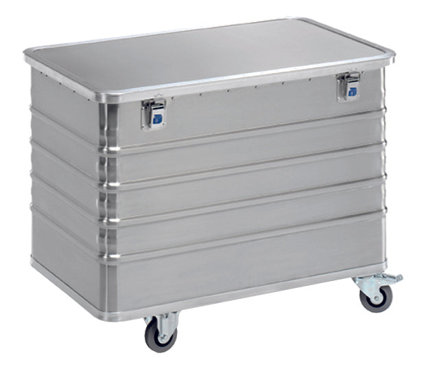Der Novocal Transportcontainer aus Aluminium mit einem Volumen von 322 l verfügt über einen Klappdeckel, zwei Verschlüsse und vier Lenkrollen (2 fest & 2 schwenkbar, Ø100 mm) für eine sichere Aufbewahrung und einfache Mobilität. Marke: Novocal.
