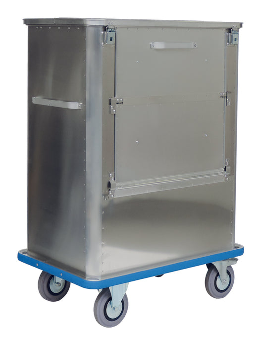 Der Novocal Transportcontainer aus Aluminium mit klappbarer Vorderwand, Scharnierdeckel und Griffen bietet sicheren Warentransport in Industrie oder Medizin; der robuste Wagen hat vier Lenkrollen und einen blauen Boden. Packung: 1 Stück.