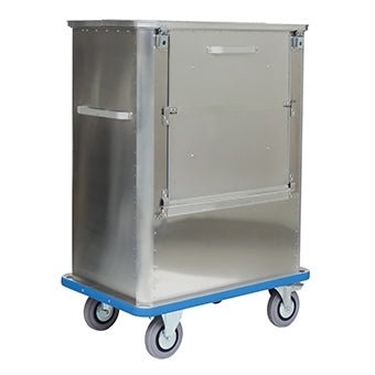 The Novocal transport container is a robust, rectangular aluminum container with a foldable front door, hinged lid, blue base, and four gray swivel casters. Two side handles make transport easy. Package: 1 piece.