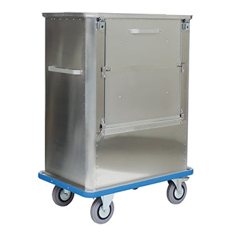 Der Novocal Transportcontainer ist ein robuster, rechteckiger Aluminiumcontainer mit einer aufklappbaren Fronttür, Scharnierdeckel, blauem Boden und vier grauen Lenkrollen. Zwei seitliche Griffe machen den Transport einfach. Packung: 1 Stück.