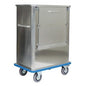 The Novocal transport container is a robust, rectangular aluminum container with a foldable front door, hinged lid, blue base, and four gray swivel casters. Two side handles make transport easy. Package: 1 piece.