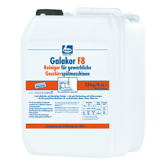 Ein weißer 12-kg-Kunststoffkanister mit Dr. Becher Galakor F8 Reiniger für gewerbliche Geschirrspülautomaten der Dr. Becher GmbH mit blauem Schraubverschluss, deutschem Produktetikett und Dosierungstabelle auf der Vorderseite.