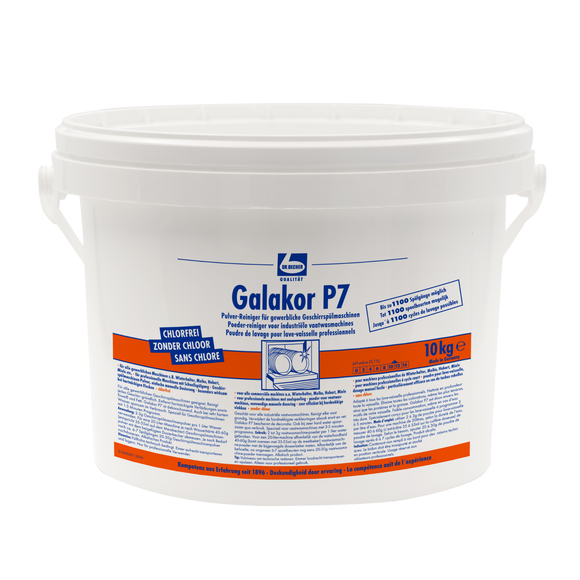 Ein weißer 10-kg-Kunststoffeimer mit Henkel und der Aufschrift "Dr. Becher Galakor P7 Pulver Reiniger" der Dr. Becher GmbH ist mit einem mehrsprachigen Etikett in den Farben Blau, Rot und Schwarz für chlorfreies gewerbliches Geschirrspülmittel versehen.