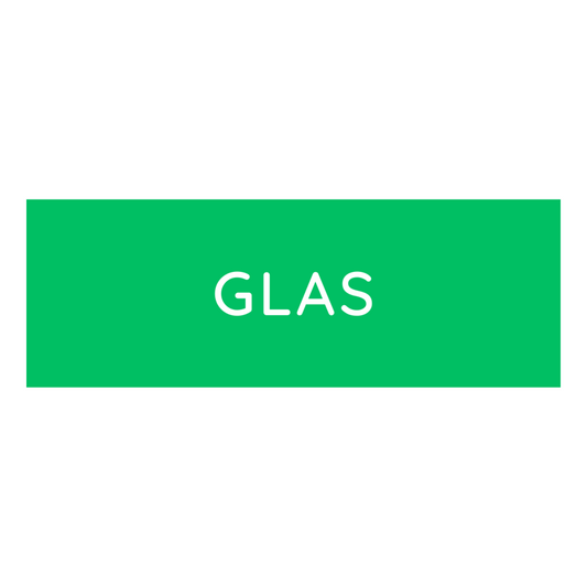 Der Novocal Farbiger Wertstoffaufkleber klein (1 Stück) zeigt ein grünes Rechteck mit "GLAS" in weißen Großbuchstaben in der Mitte, ideal zur Abfalltrennung. Der Bereich außerhalb des Rechtecks hat einen weißen Hintergrund.