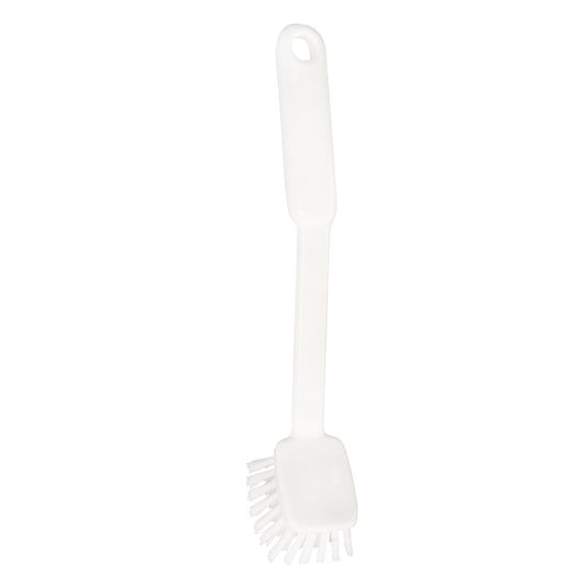 Die Haug Bürsten KG SPÜLBÜRSTE ECKIG verfügt über einen weißen, rechteckigen Bürstenkopf aus Nylon 6.6 (ø 0,40 mm, mittel), ein robustes Kunststoffdesign und einen langen Stiel mit Aufhängeloch (240 x 40 x 22 mm).