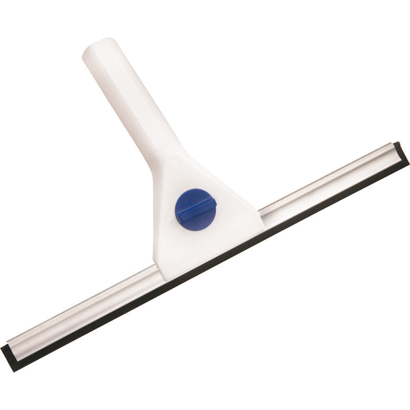 Der FENSTERWISCHER, WEIß MIT SPEZIALGUMMILIPPE der Haug Bürsten KG sorgt mit weißem Griff, schwarzer Spezialgummilippe und blauem Rundverschluss für streifenfreie Sauberkeit an Fenstern oder glatten Flächen.