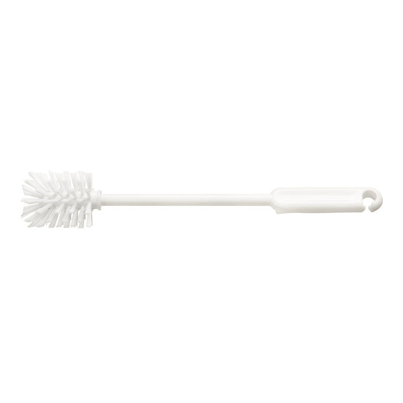 Die Haug Bürsten KG BABYFLASCHENBÜRSTE,NYLON 6.6 WEIß, ø0,30MM MITTEL, 320Xø50MM ist eine weiße Flaschenbürste mit langem Griff und Nylonborsten zur Reinigung von Babyflaschen oder schmalen Behältern. Ein Aufhängeloch ist im Lieferumfang enthalten; abgebildet auf einem schlichten weißen Hintergrund.