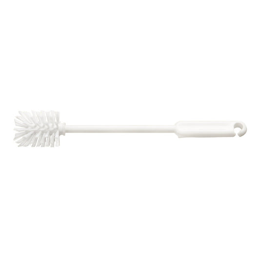 Die Haug Bürsten KG BABYFLASCHENBÜRSTE,NYLON 6.6 WEIß, ø0,30MM MITTEL, 320Xø50MM ist eine weiße Flaschenbürste mit langem Griff und Nylonborsten zur Reinigung von Babyflaschen oder schmalen Behältern. Ein Aufhängeloch ist im Lieferumfang enthalten; abgebildet auf einem schlichten weißen Hintergrund.