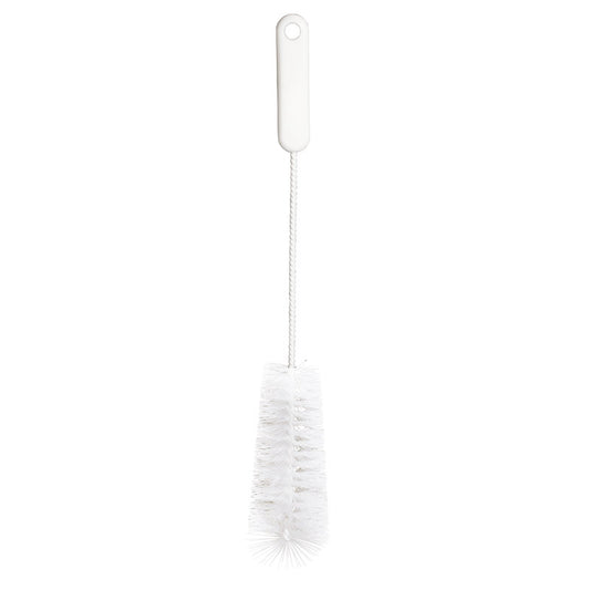 Die Haug Bürsten KG FLASCHENBÜRSTE 1/2 L verfügt über dichte Nylon 6.0-Borsten (ø 40/60 mm), einen Drahtstiel und einen langen 390-mm-Griff in Weiß - perfekt für die gründliche Reinigung von Flaschen. Sie ist vertikal auf einem schlichten weißen Hintergrund abgebildet.