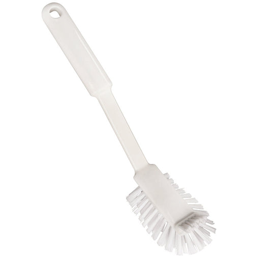 Die DIE SANFTE KRATZBÜRSTE von Haug Bürsten KG ist eine weiße Nylon 6.6 Spülbürste (ø 0,40mm, mittel) mit langem Stiel und Aufhängeloch, ideal für die schonende Reinigung. Größe: 275x60x20 mm.