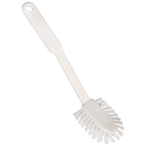 Die Haug Bürsten KG SPÜLBÜRSTE OVAL verfügt über steife 0,40mm weiße Nylon 6.6 Borsten und einen langen Griff mit Aufhängeloch (270x65x20mm), ideal für die effiziente Küchenreinigung und das Schrubben von Geschirr oder Oberflächen.