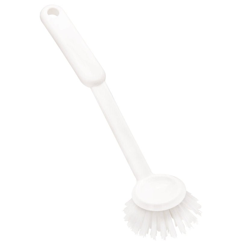 The ROUND DISH BRUSH from Haug Bürsten KG features stiff, durable PBT bristles (Ø0.35 mm), a long handle with a hanging hole, and a size of 255 x 70 x 23 mm - ideal for kitchen cleaning.