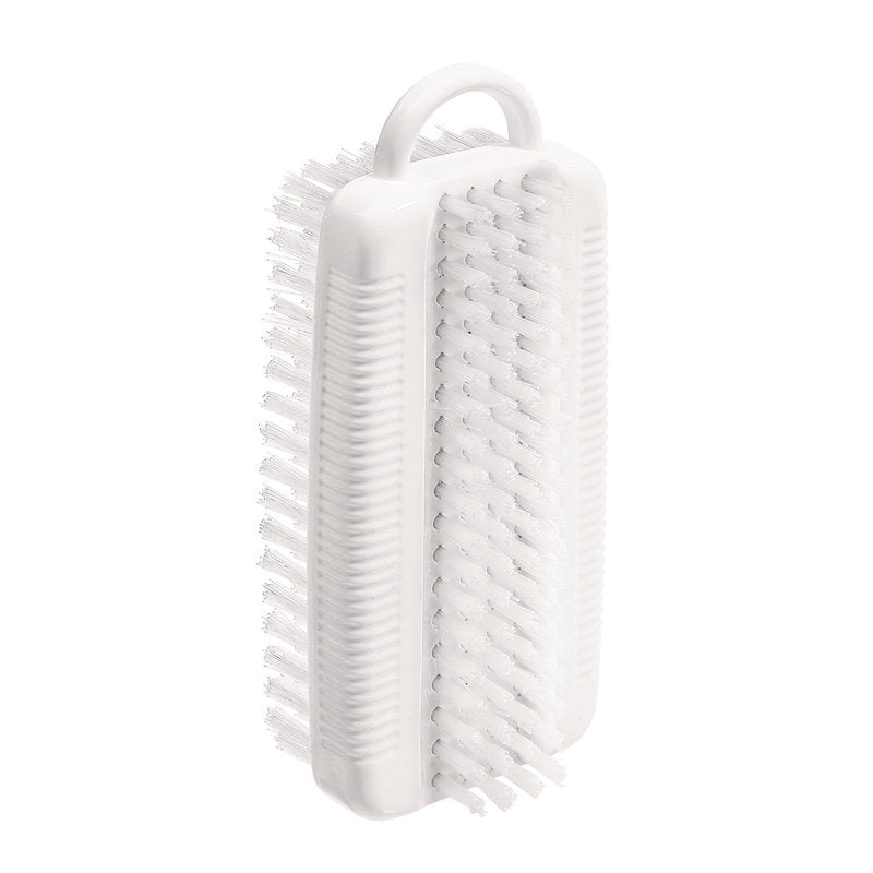 Die NAGELBÜRSTE DOPPELT, NYL.6.6 WEIß, ø0,35MM MITT/HART von Haug Bürsten KG ist eine rechteckige weiße Nagelbürste mit mittelharten Nylon 6.6 Borsten auf beiden Seiten und einem kleinen oberen Griff, ideal für die Reinigung von Nägeln und kleinen Oberflächen.