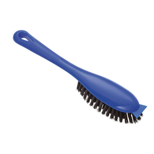 Die Haug Bürsten KG POLSTERBÜRSTE verfügt über einen blauen PP-Griff, robuste schwarze 0,35-mm-Borsten (25 mm hoch) und einen kleinen Schaber - ideal für die Reinigung von Polstermöbeln.