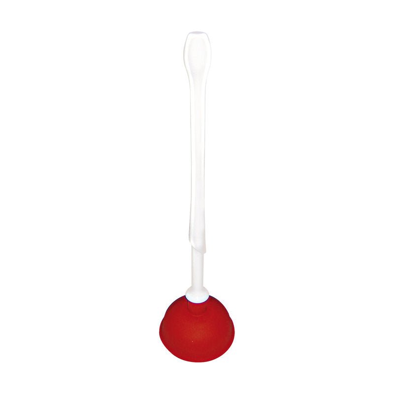 The DRAIN SUCKER WITH WHITE PLASTIC HANDLE, RUBBER, ø 135X515MM from Haug Bürsten KG is depicted upright with a red rubber head and a long white plastic handle against a plain white background.