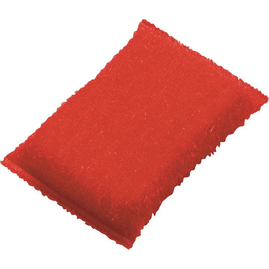 The Haug Bürsten KG ABRASIVE SPONGE, SMALL, PP, HARD (130x85x30mm) is a red, rectangular kitchen sponge with a textured scrubbing surface, made of polypropylene for efficient cleaning. Slightly rounded edges; unused; on a sales card.