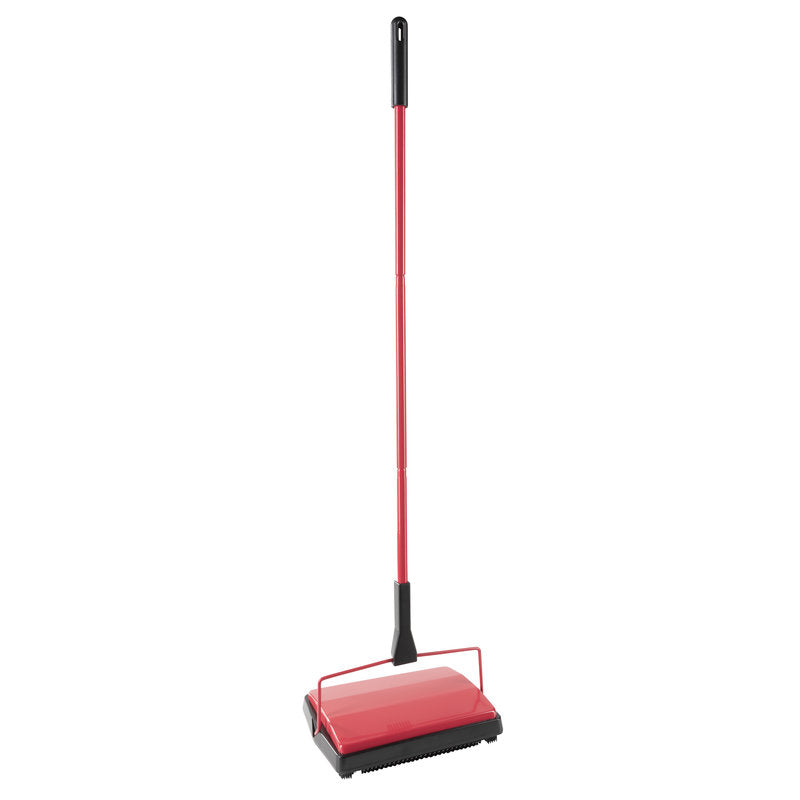 The Haug Bürsten KG CARPET SWEEPER M.LANGEM 3-PART STEEL HANDLE, MECHANICAL, BRISTLE, RED is a red mechanical carpet sweeper with a long steel handle and rotating brushes, depicted on a white background - ideal for easy carpet cleaning.