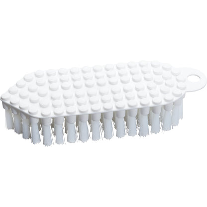 The Haug Bürsten KG FLEXO-BRUSH, PBT ø 0.35MM MEDIUM (190x70x25 mm) is a white cleaning brush with stiff PBT bristles and a textured, dotted plastic handle with a practical hanging hole. Pictured on a white background.
