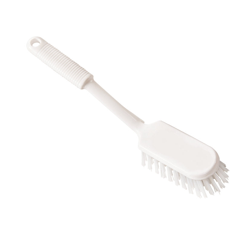 Die Haug Bürsten KG STIELSCHEUERBÜRSTE mit transparenten, steifen PBT-Borsten (ø 0,50mm), 290x45x24mm, hat einen strukturierten Griff mit Aufhängeloch und ovalem Kopf. Fotografiert auf einfarbig weißem Hintergrund.