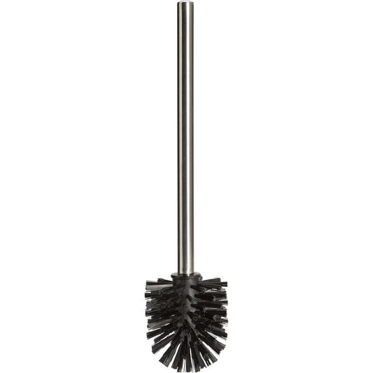 Der WC-RUNDBÜRSTE MIT EDELSTAHL-GRIFF,SCHWARZ,ø0,40MM MITTEL von Haug Bürsten KG verfügt über einen langen Edelstahlgriff und dichte runde Borsten - ideal für Ihr Badezimmer. Abgebildet vor einem schlichten weißen Hintergrund.
