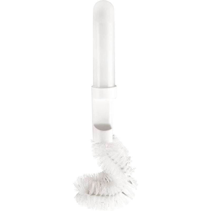 The DUO-MATIC TOILET BRUSH WITH DISPENSER NYL.6.0 WHITE, ø 0.35MM MEDIUM from Haug Bürsten KG features a cylindrical handle and curved bristles for hygienic toilet cleaning and effective reach of hard-to-clean areas.