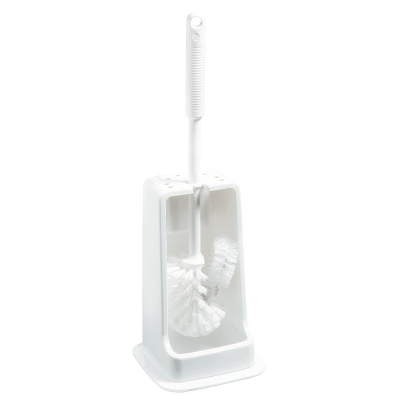 Die WC-GARNITUR 4-ECKIG,BÜRSTE6140 WEIß (145x145x415mm) von Haug Bürsten KG verfügt über eine weiße Kunststoffbürste und einen Griff in einem passenden rechteckigen Halter, der perfekt zu einer minimalistischen Badeinrichtung passt.