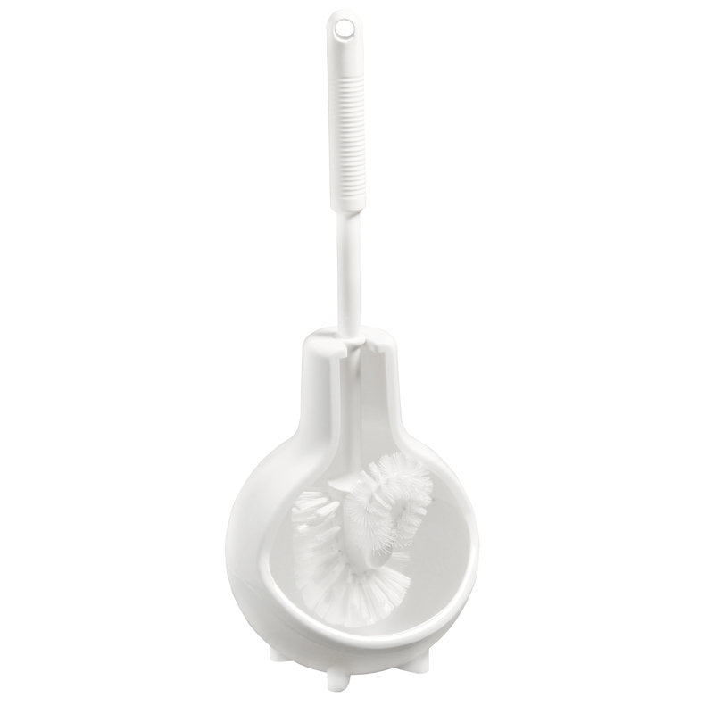 The Haug Bürsten KG WC SET "ONION", BRUSH6140 WHITE (Ø180x410mm) is a white plastic toilet set with a round holder, ribbed handle, and hanging hole - ideal for any bathroom.