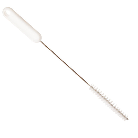 Die Haug Bürsten KG ROHRBÜRSTE, PBT HART, 305xø15x80mm hat einen weißen Griff, einen langen Metallstiel und steife zylindrische Borsten - ideal für die Reinigung von schmalen Gegenständen wie Flaschen oder Rohrreinigung.